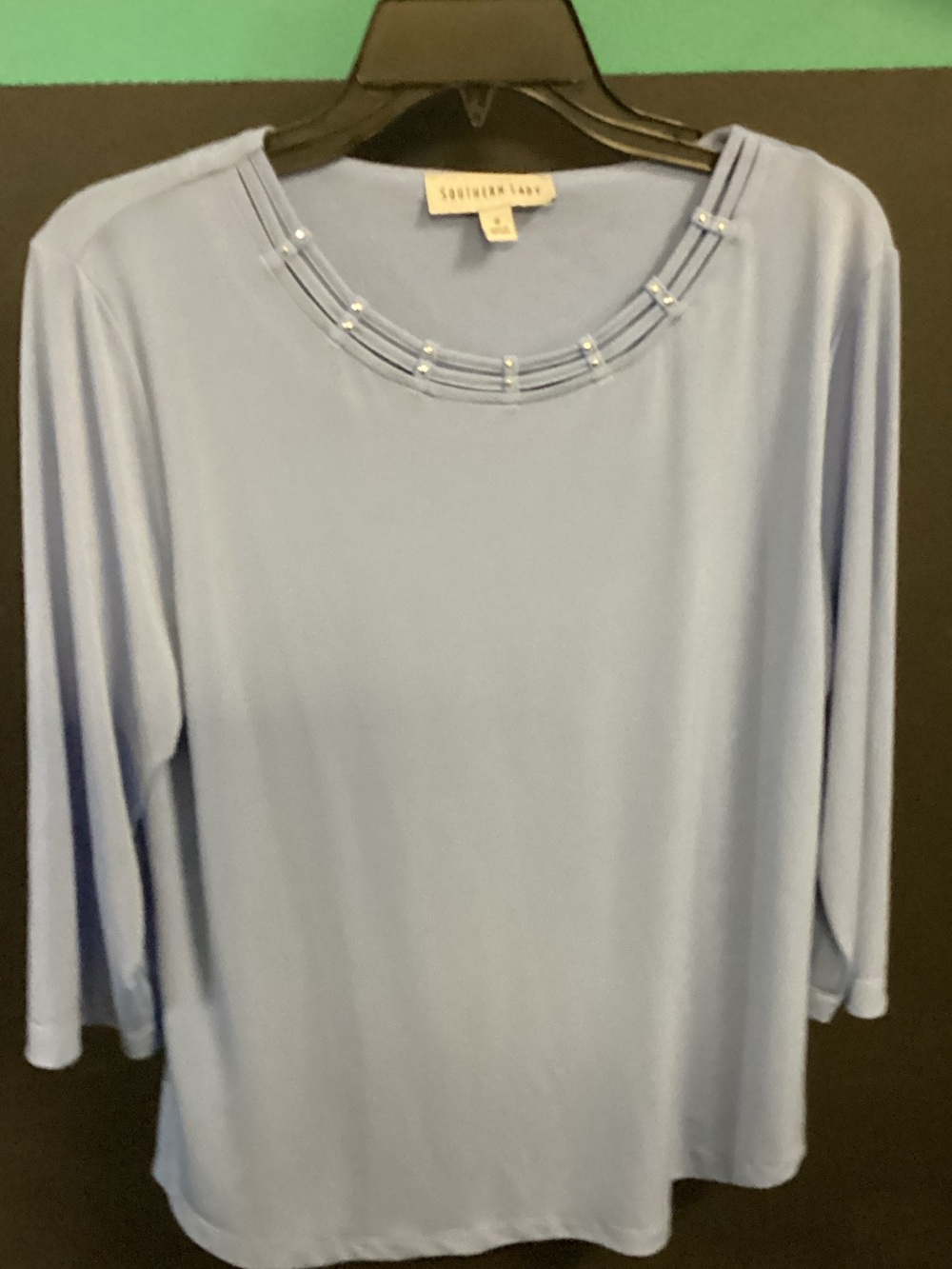 Southern Lady Sky Blue Long Sleeve Top with Beaded Neckline